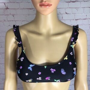California Waves Black Floral Butterfly Ruffle Strap Bikini Bandeau Top - NWT